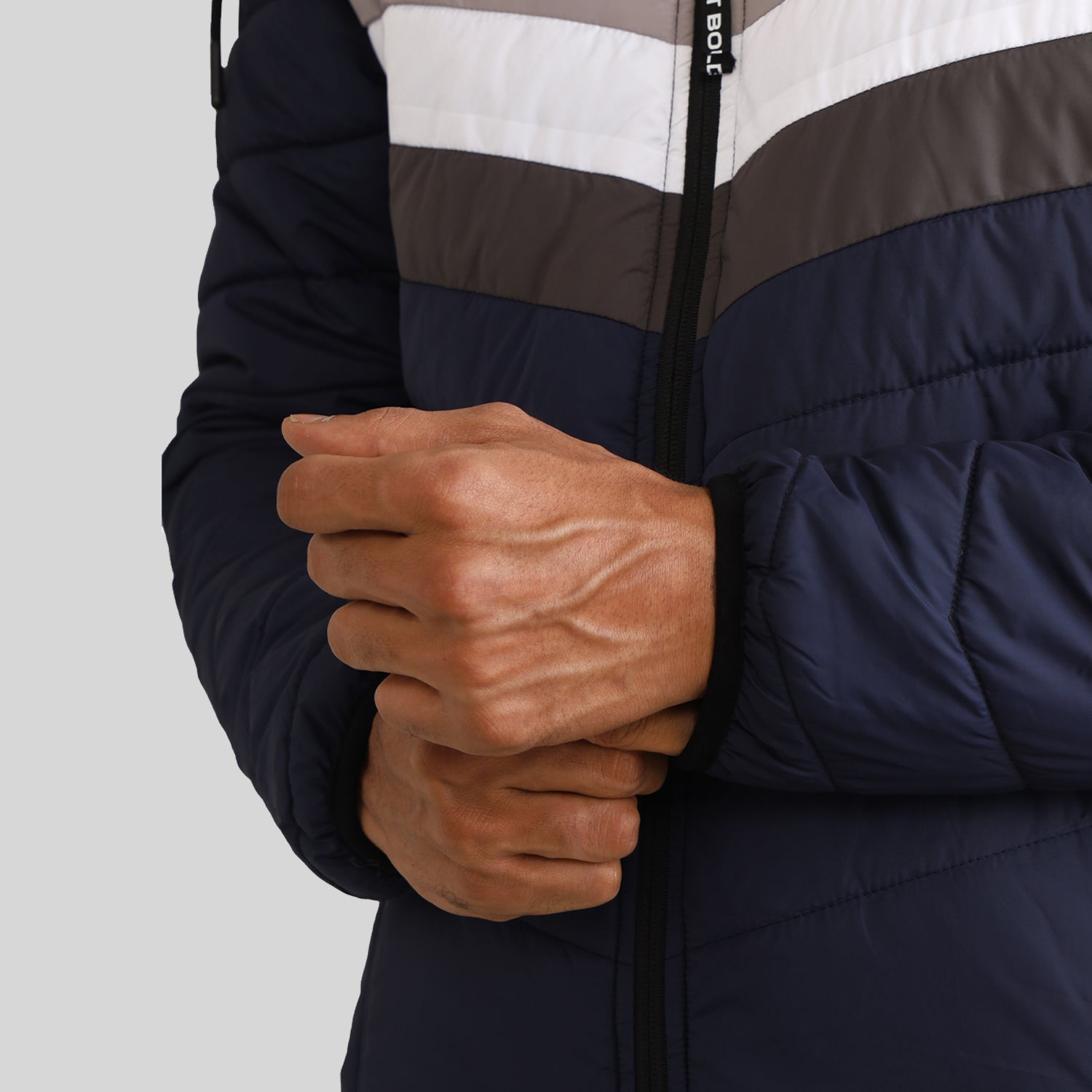 Mens Winter Bomber Jacket with Detachable Cap - Blue/White
