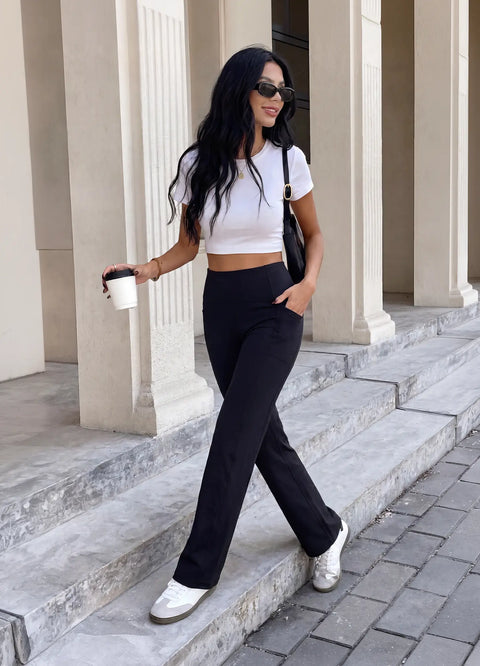 Straight Pants with Pockets- Black — styled for casual