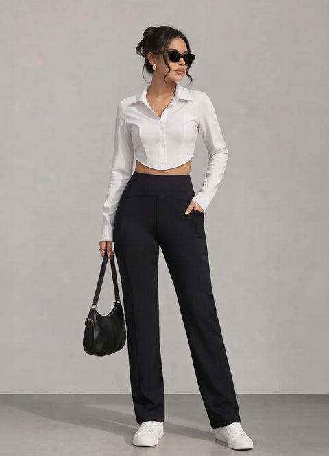 Straight Pants with Pockets- Black — styled for work