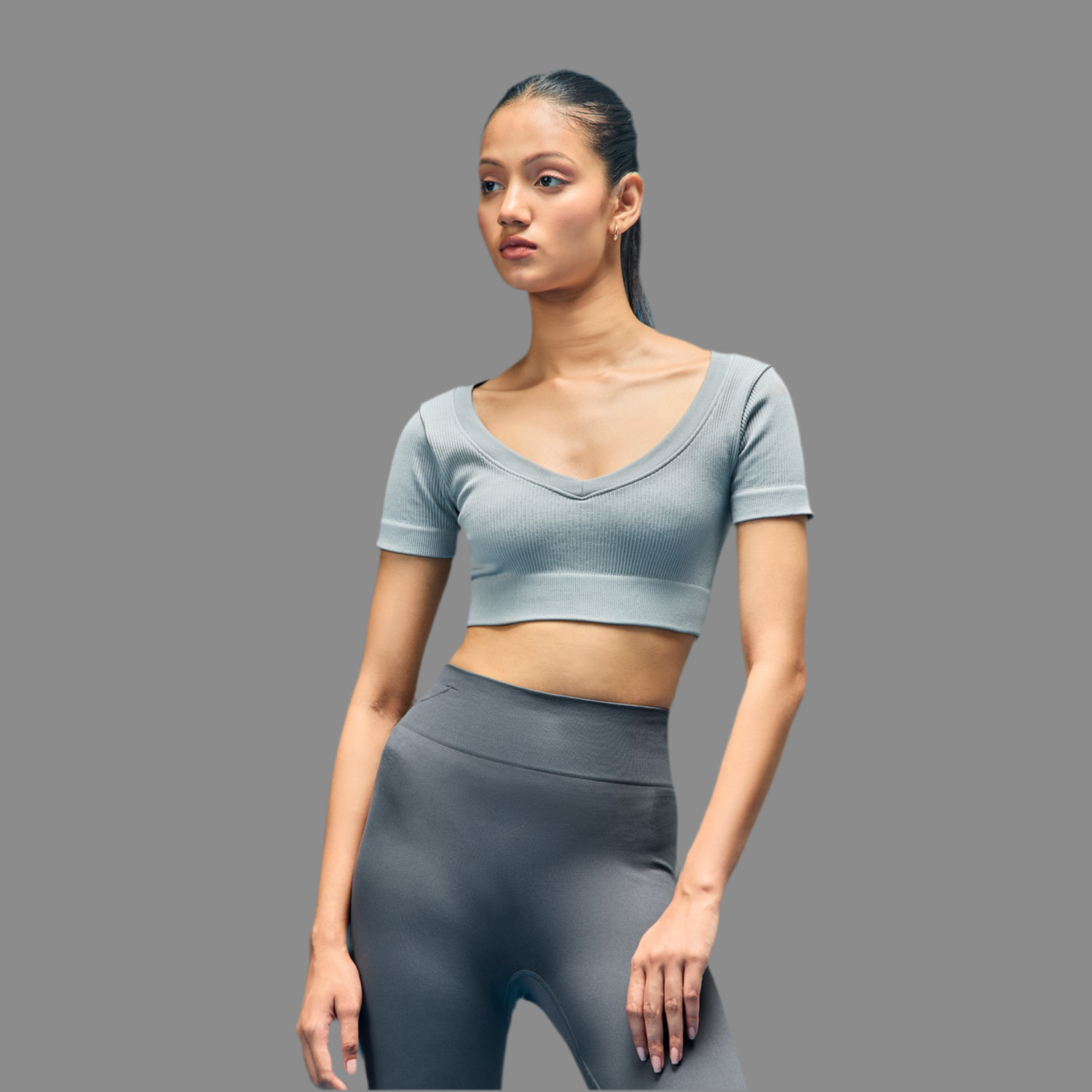 Limitless Snatched  v neckline crop top-  Grey
