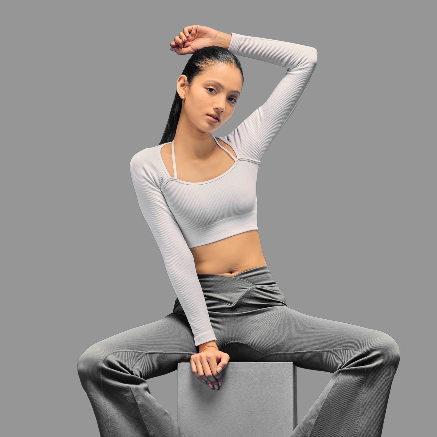 Limitless Snatched ribbed Long sleeve top- White