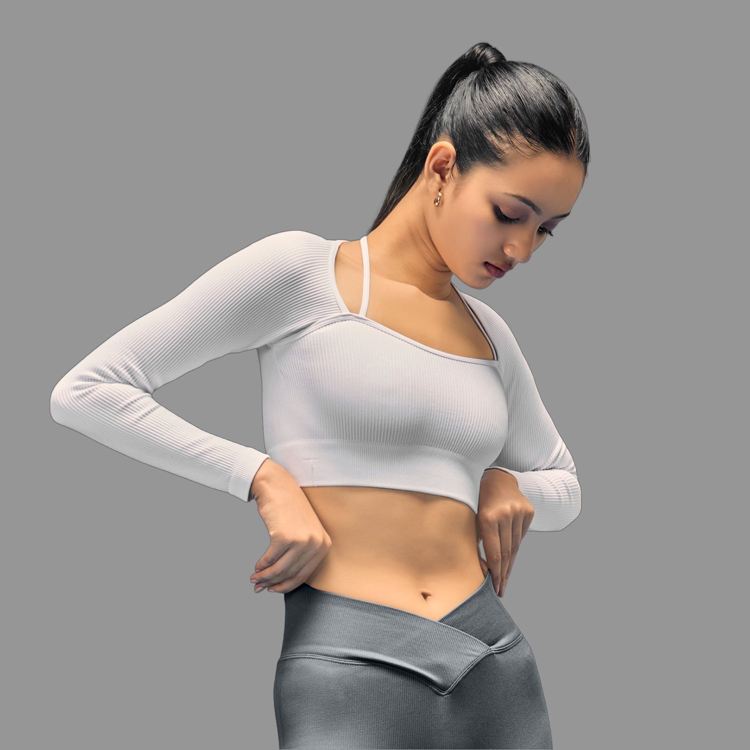 Limitless Snatched ribbed Long sleeve top- White