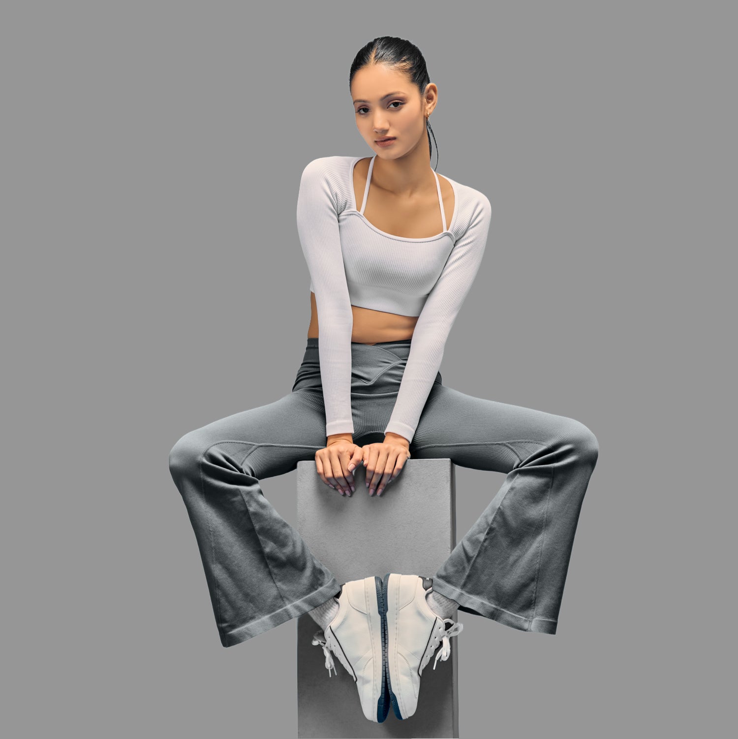 Limitless Snatched ribbed Long sleeve top- White