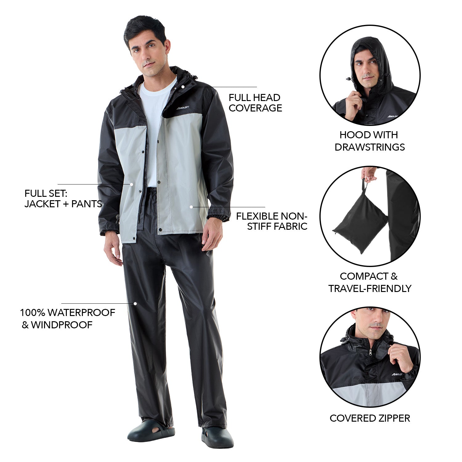StormBreaker Raincoat Top & Bottom Set - Black Grey