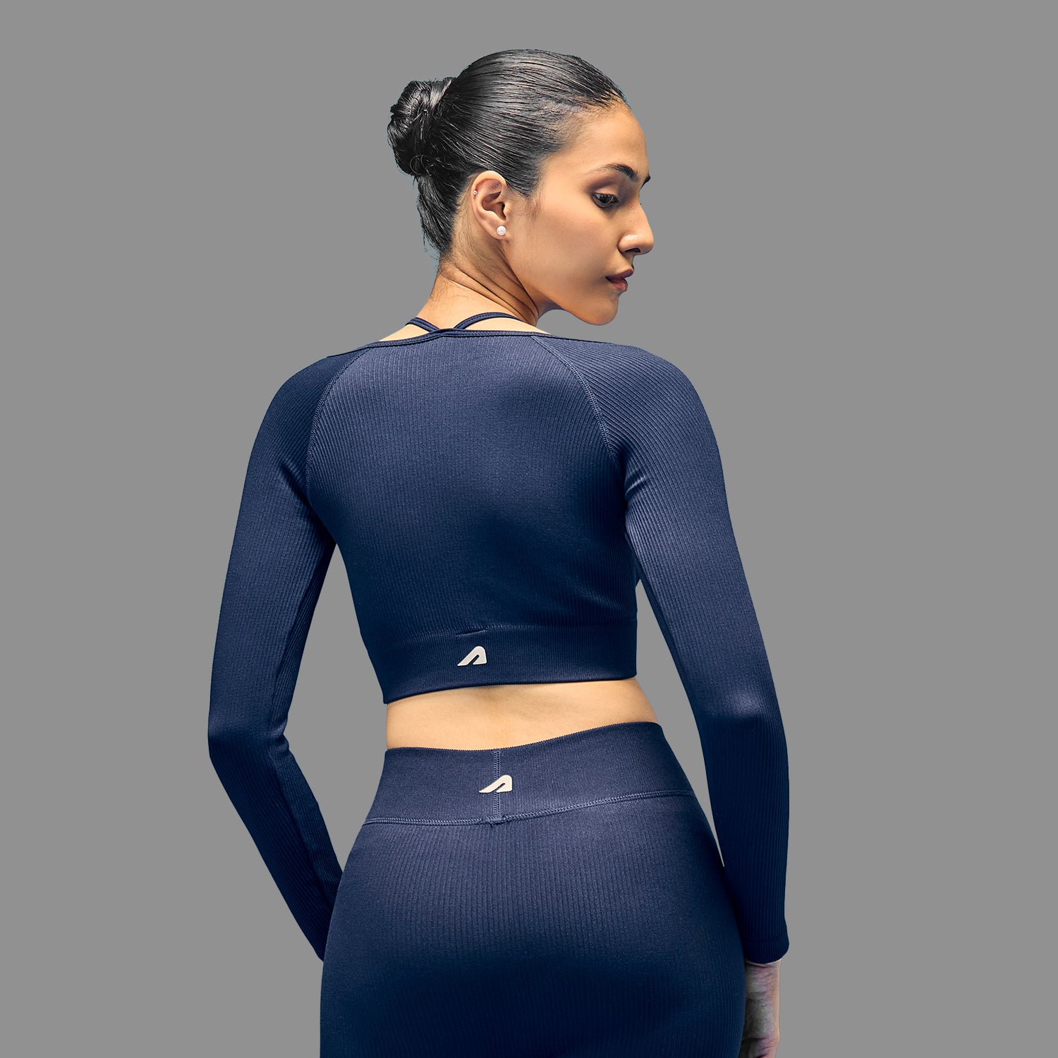Limitless Snatched ribbed long sleeve top- Navy Blue