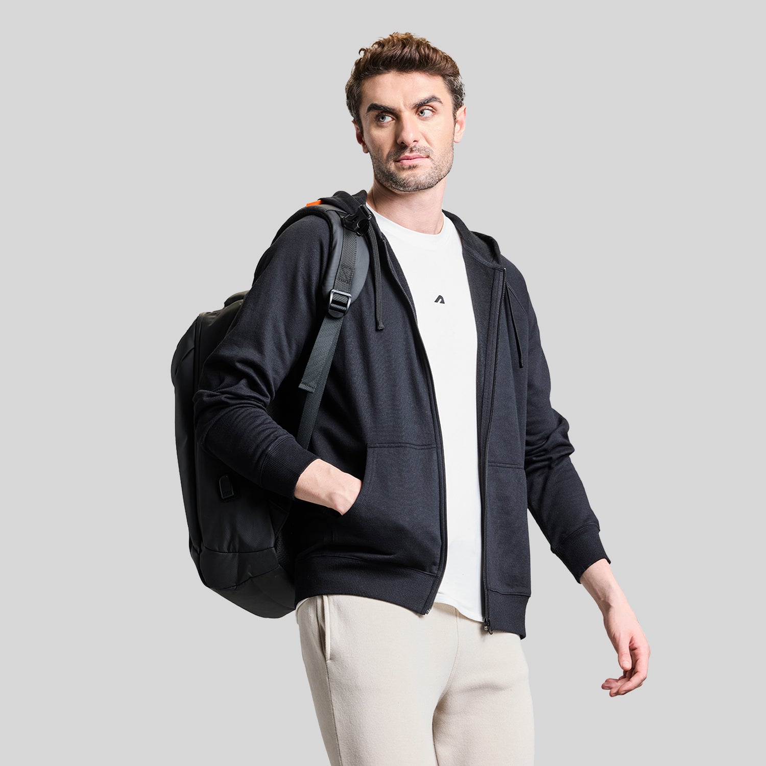 AeroFleece Mens Full Zipper Jacket with Hoodie - Black
