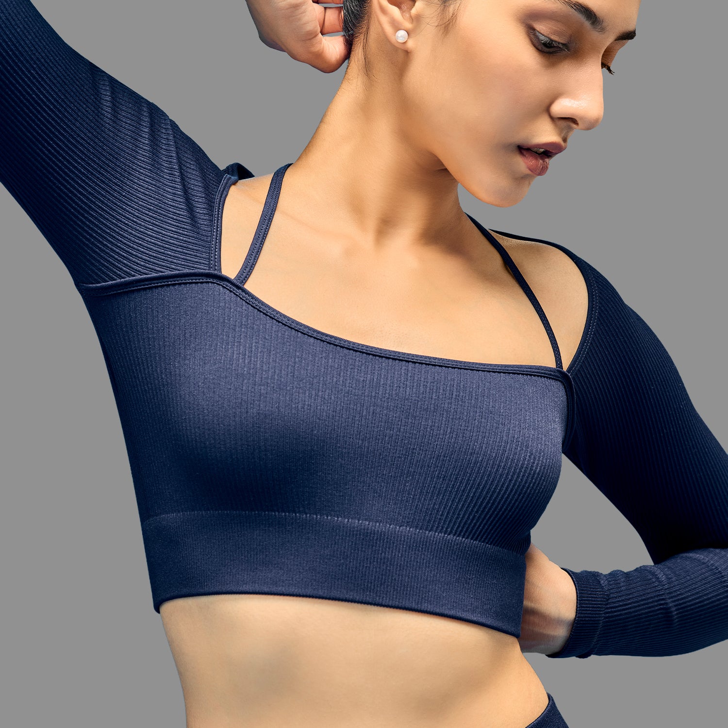 Limitless Snatched ribbed long sleeve top- Navy Blue