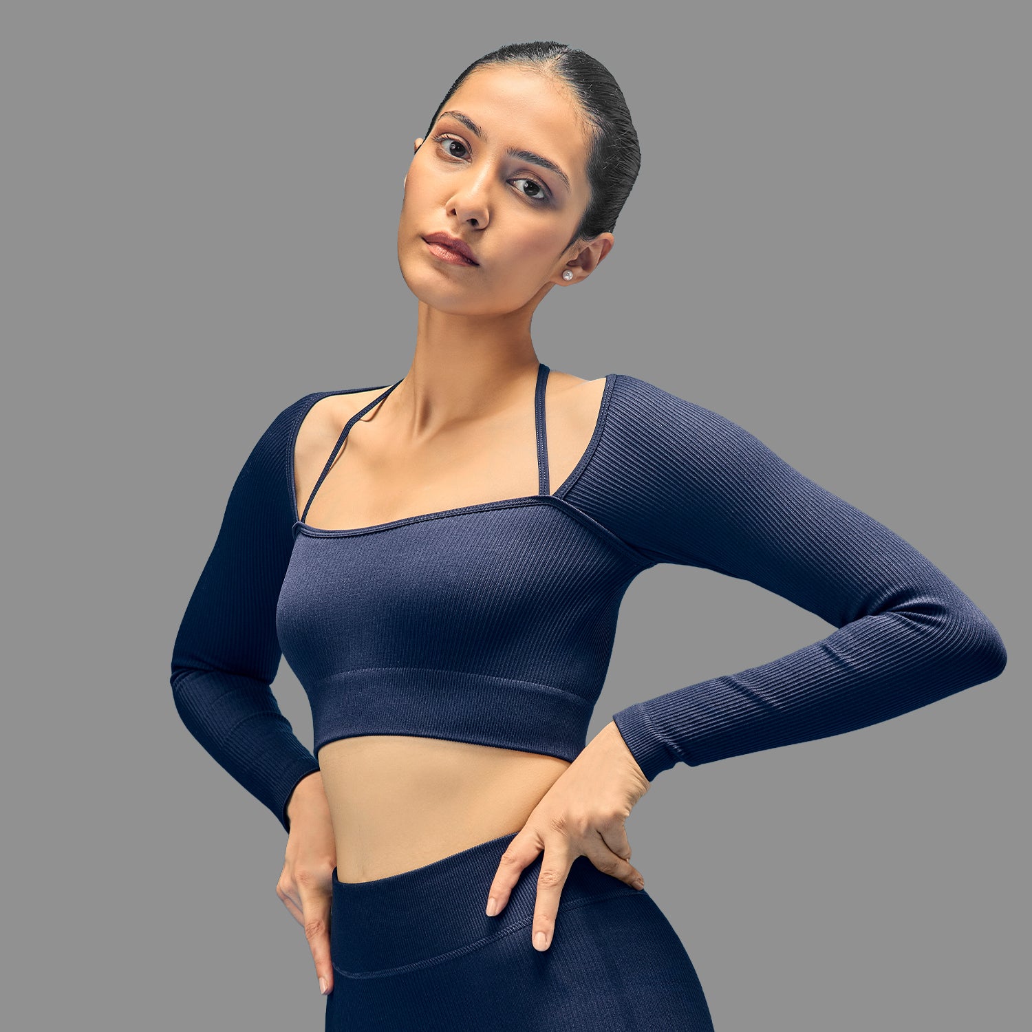 Limitless Snatched ribbed long sleeve top- Navy Blue