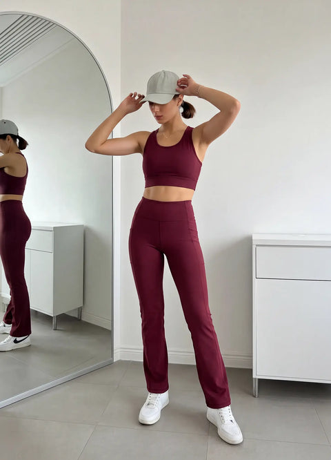 Straight Pants with Pockets- Burgundy — styled for active