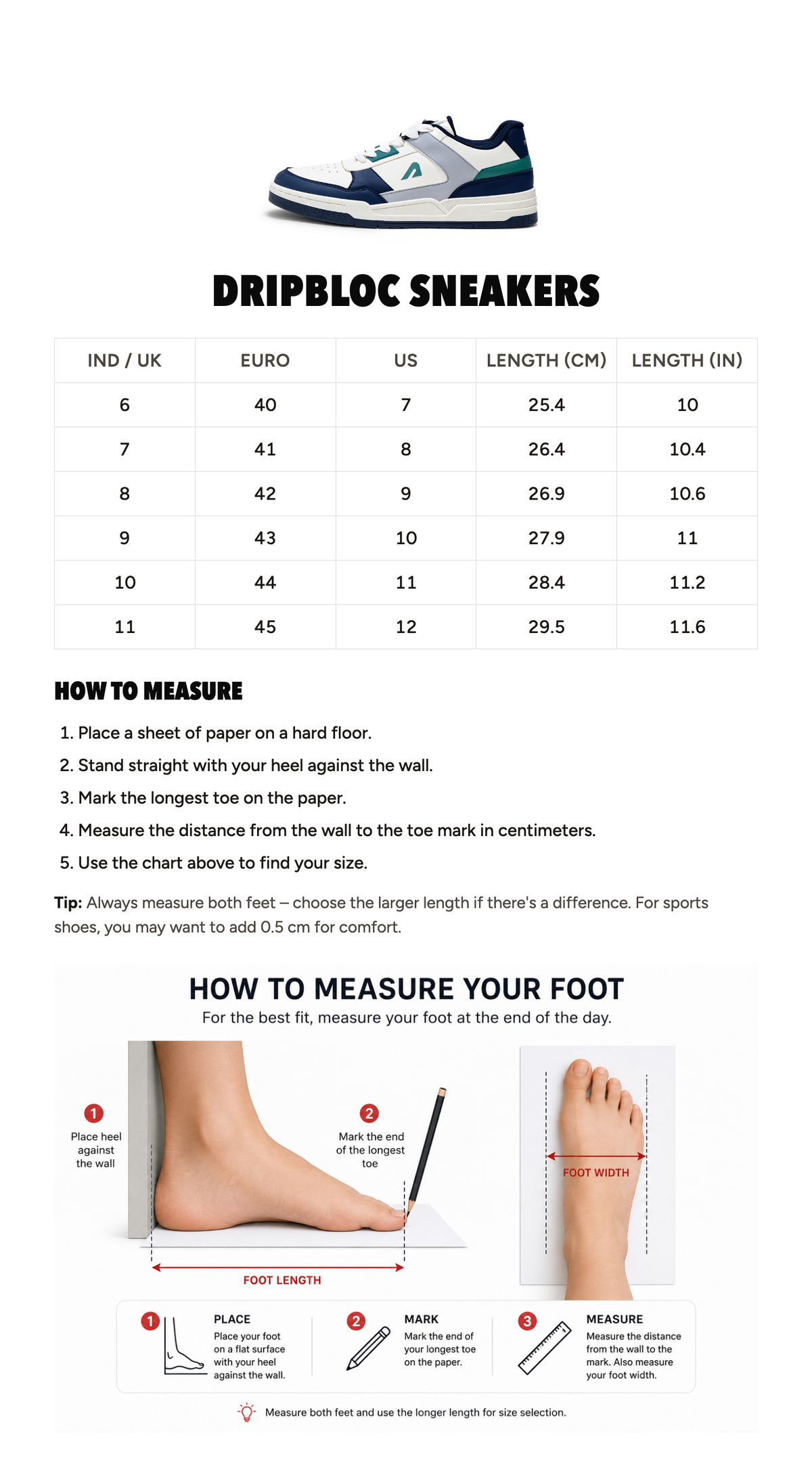 Dripbloc Weave Multitone Men's Sneakers — size chart