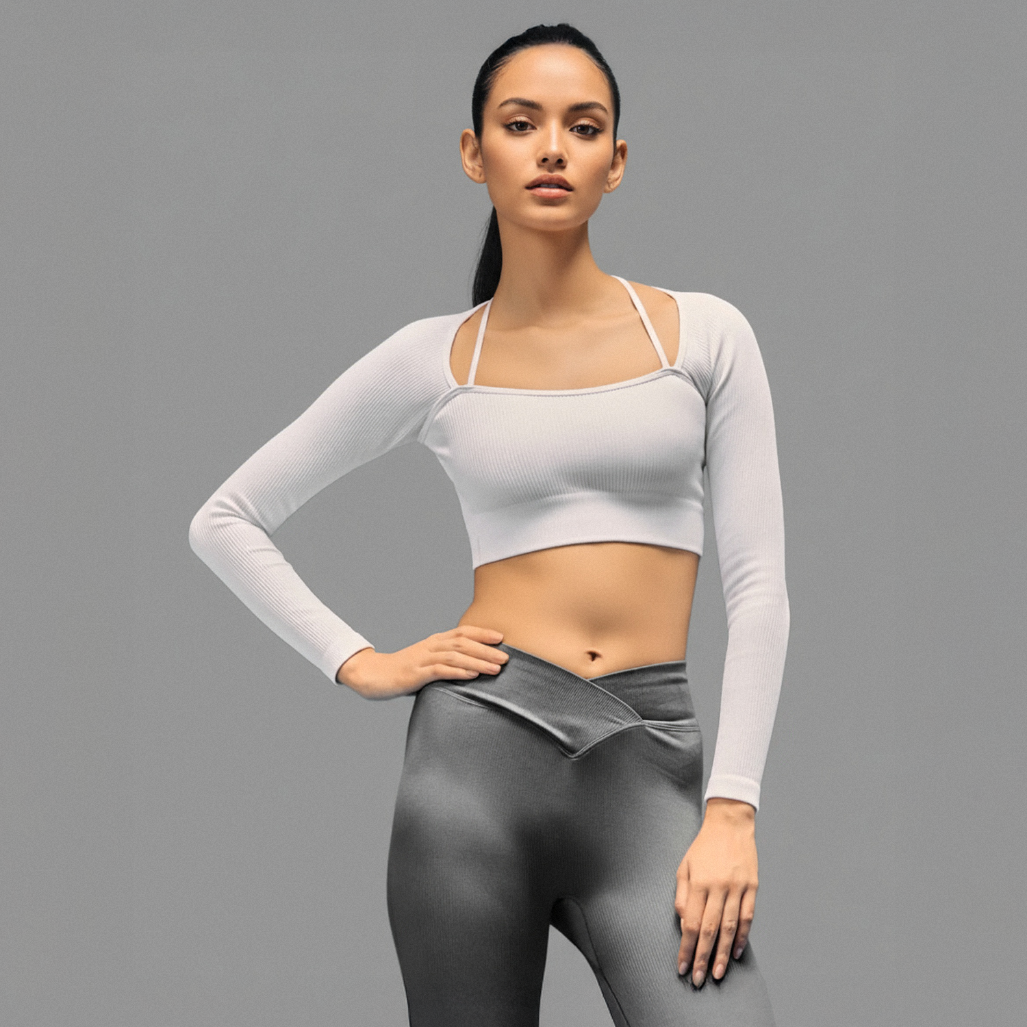 Limitless Snatched ribbed Long sleeve top- White