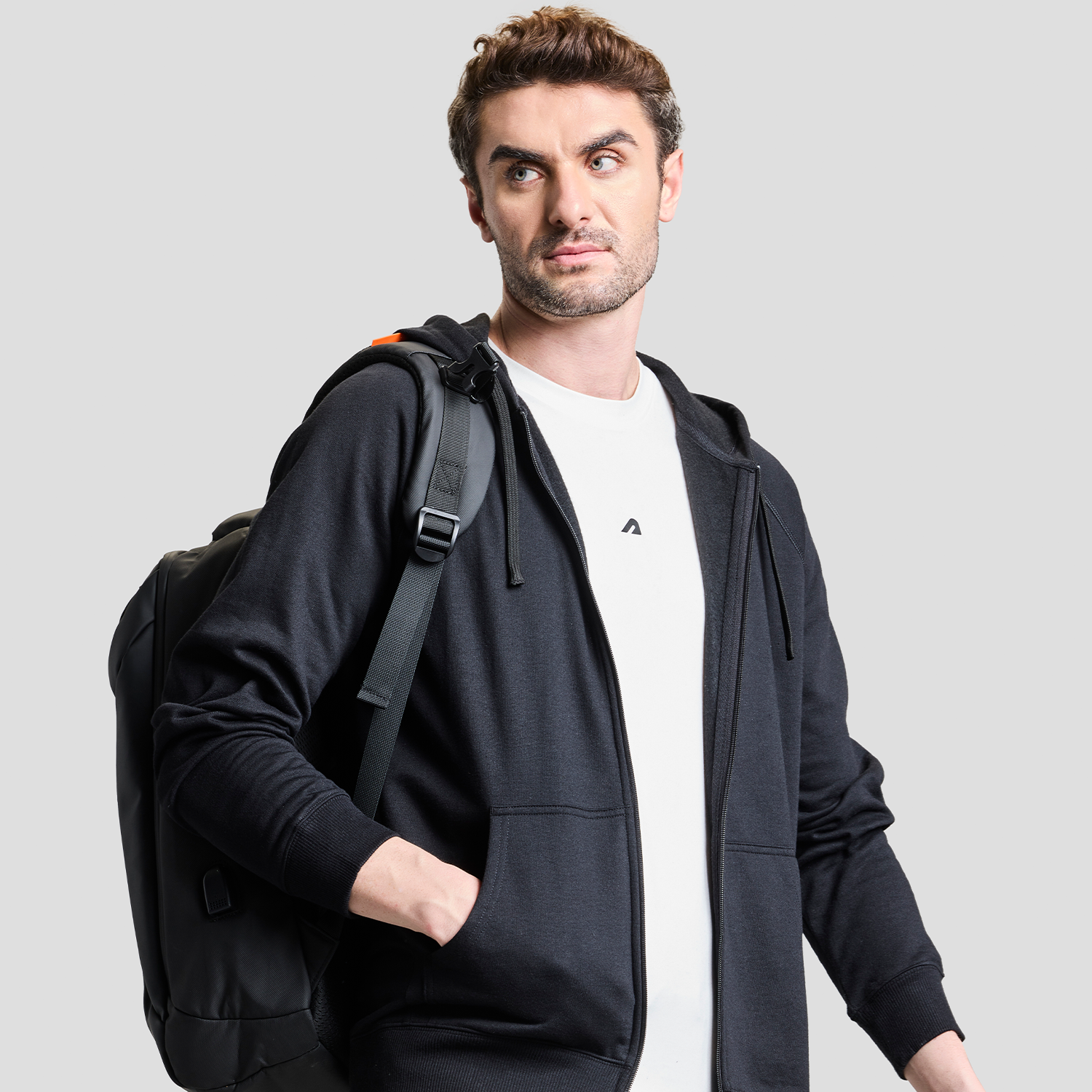 AeroFleece Mens Full Zipper Jacket with Hoodie - Black